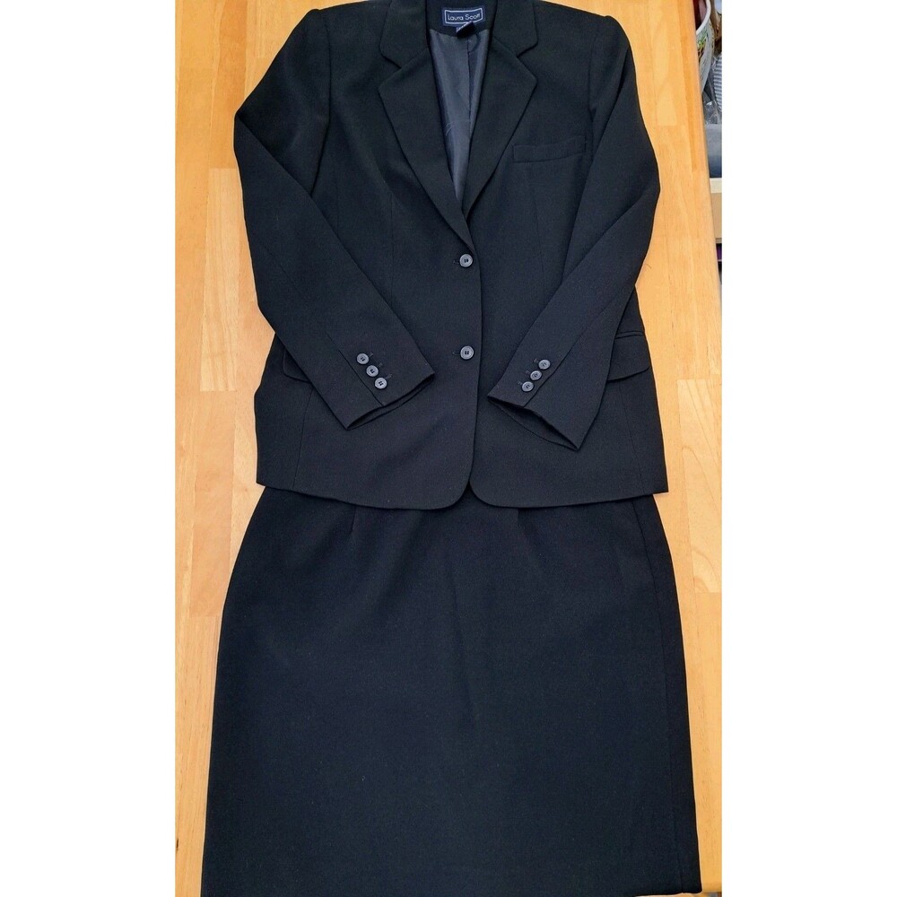 Laura Scott 2-piece Black Suit Long Sleeve Jacket (Size 8) & Skirt (Size 14)